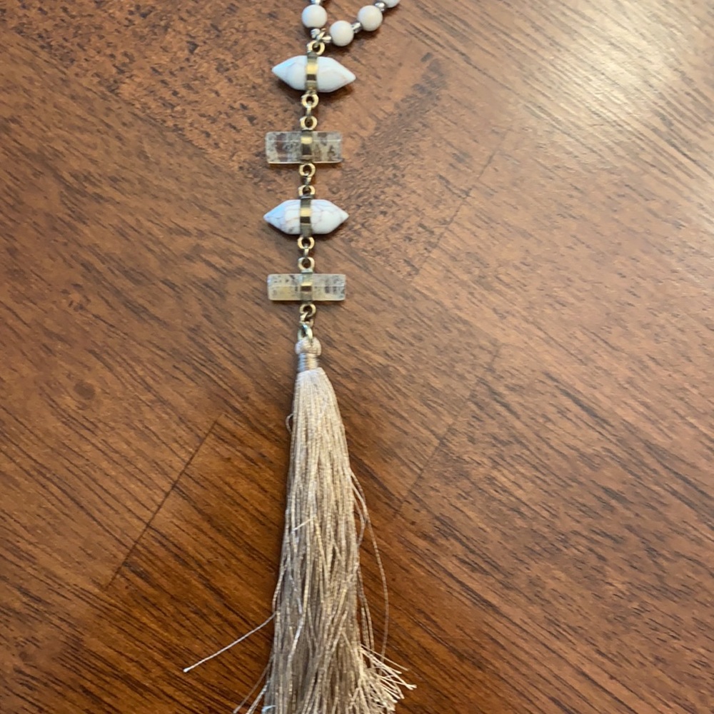 Soft neutral beaded tassel necklace